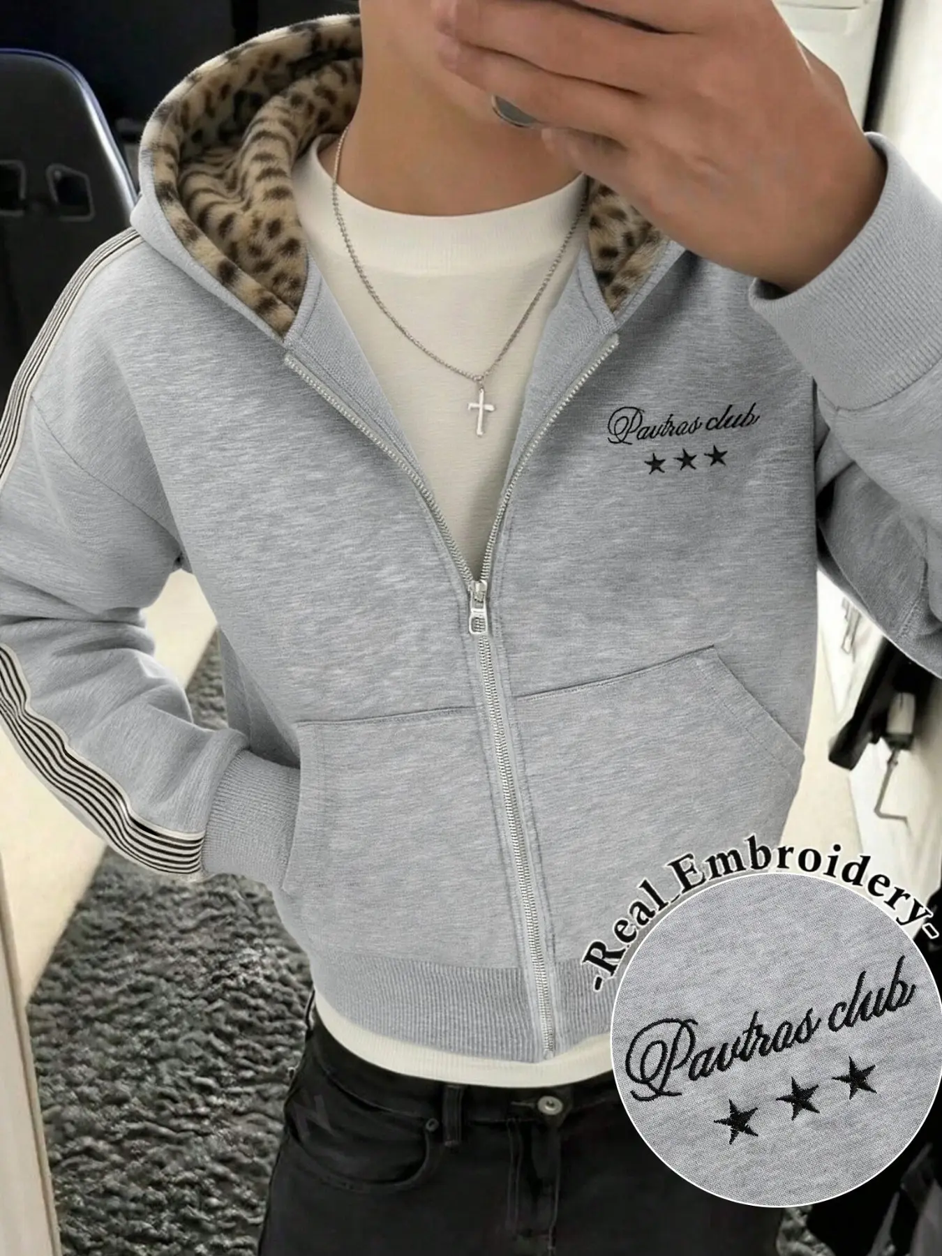 American High-End Leopard Print Hooded Zipper Sweatshirt, Vintage Striped Sleeve Jacket, Embroidered Star Casual Thin Sweatshirt