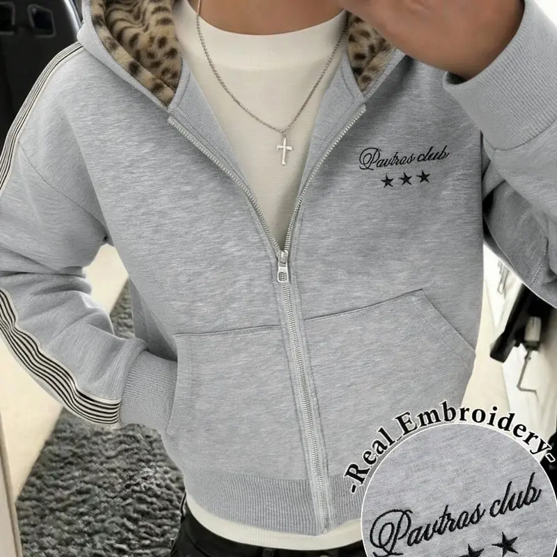 American High-End Leopard Print Hooded Zipper Sweatshirt, Vintage Striped Top, Embroidered Star Casual Thin Sweatshirt, Casual Loose Zipper