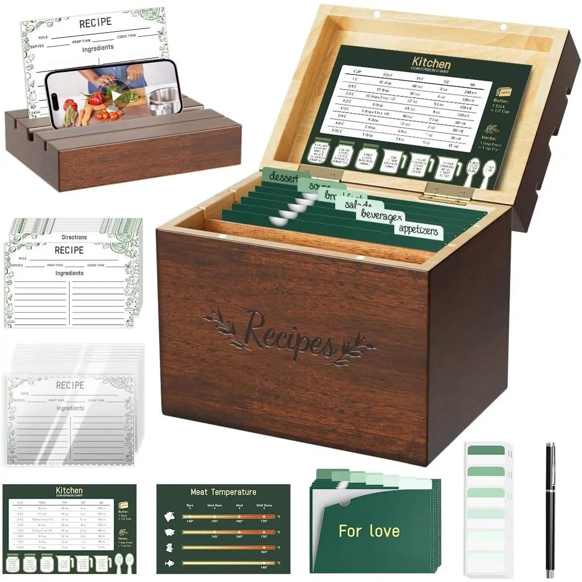 Vintage Pine Wooden Recipe Box Set includes 100 4x6 Recipe Cards with Protectors, 12 L-Divider Pockets, 24 Divider Tabs and 1 Pen, Recipe Card Holder Organizer to Write Your Recipes