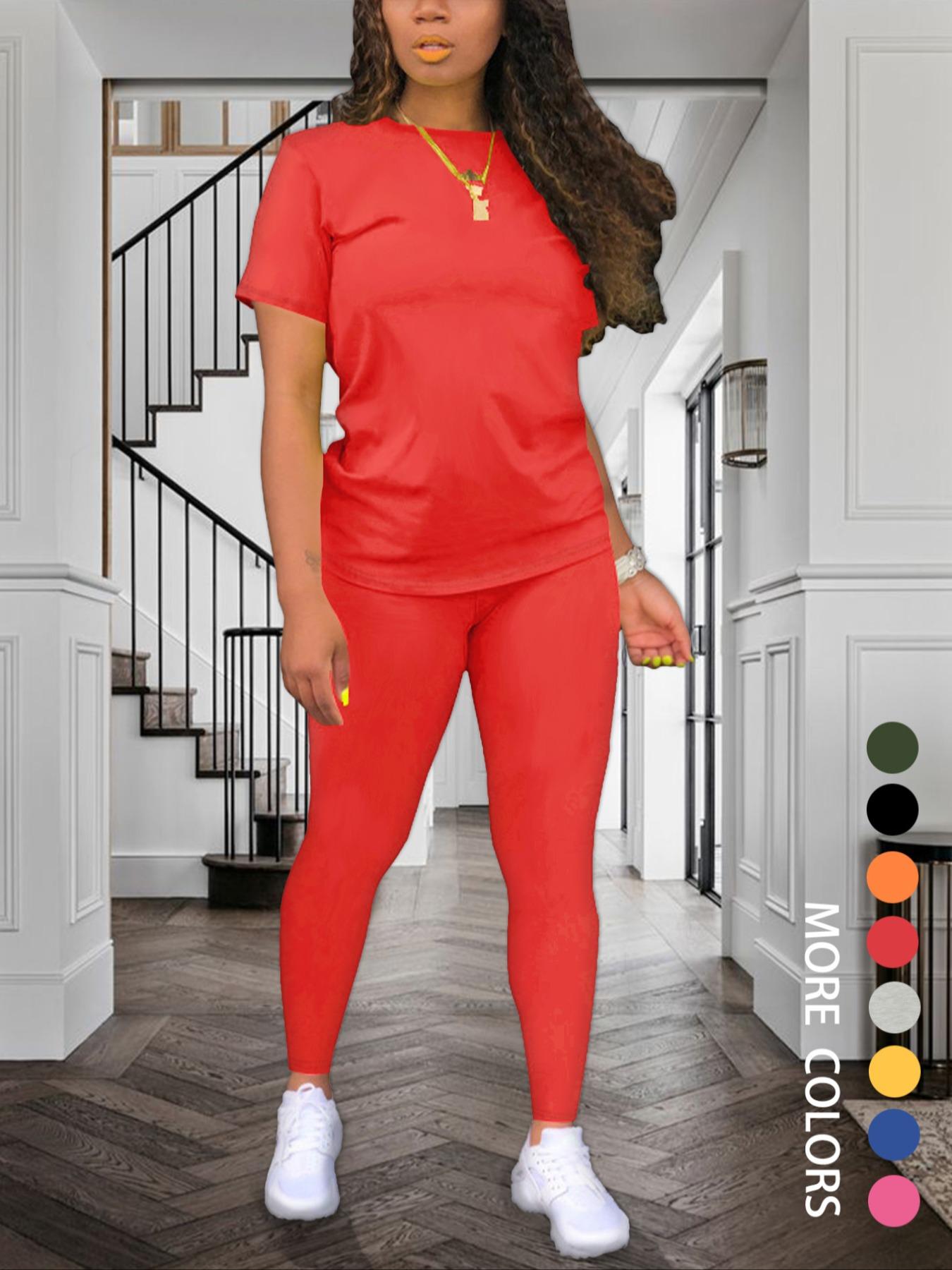 Women's Solid Color Round Neck Fitted Tee & Leggings Set, Summer Clothes, Short Sleeve T-shirt & Skinny Pants, Summer Clothes for Daily Wear