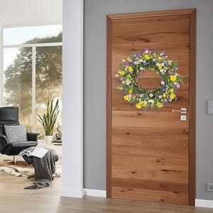 J'FLORU Spring Wreaths for Front Door 22 Inch Artificial Summer Wreath Daisy and Lavender Wreath with Wildflowers for Home Wall Farmhouse Springtime Easter Holiday Party