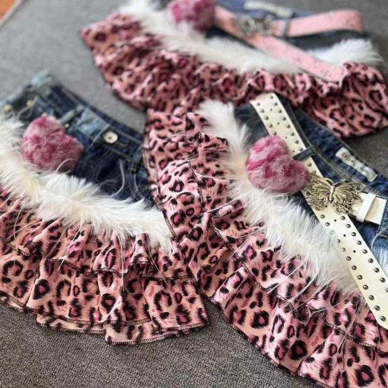 Pink Leopard Design Vintage Denim Mini Skirt Hot Girls Y2k Patchwork Print Babe Outfits High Steet Casual Skirts 2000s Clothing