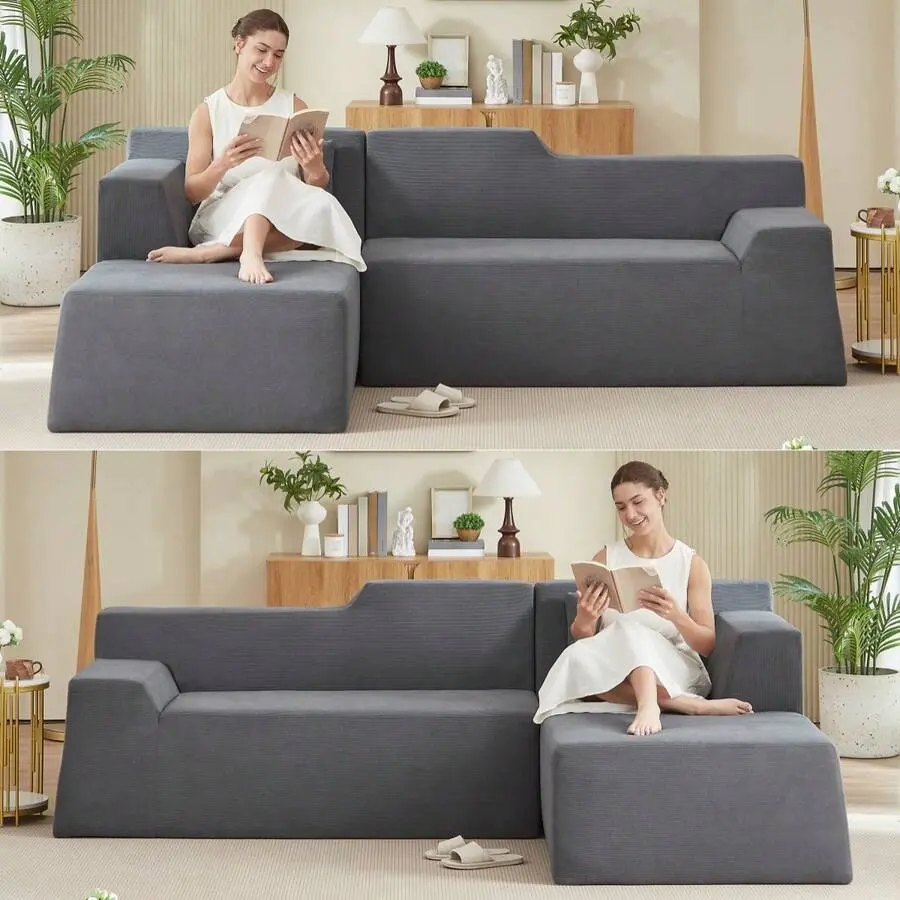 Modern Minimalist L-Shaped Corduroy Sectional Sofa, Cream Wide Striped Upholstered Couch, Plush Deep Seat Sofa With Back Support, Contemporary Corner Sofa Living Room Apartment Home