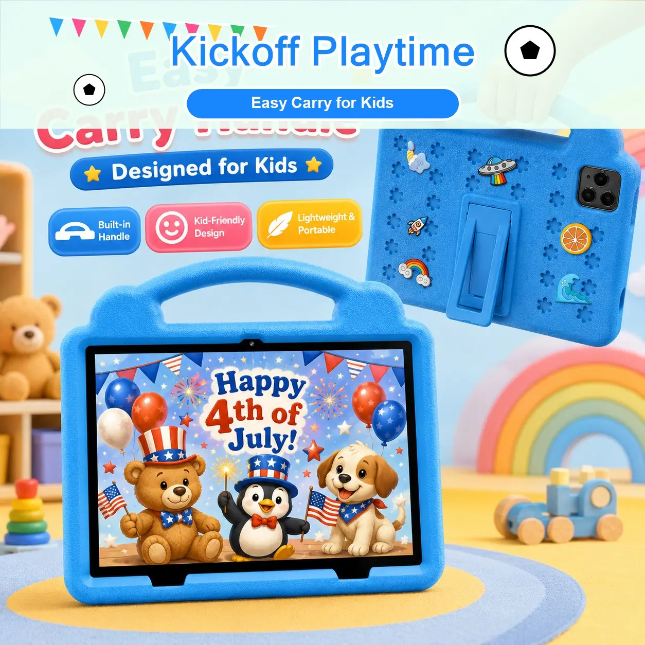 10.1 Inch Kids Tablet, 4GB RAM 64GB ROM, Android 12, Dual Camera, Kid-Proof Case with Handle, WiFi Learning Tablet for Toddlers, Holiday Gift