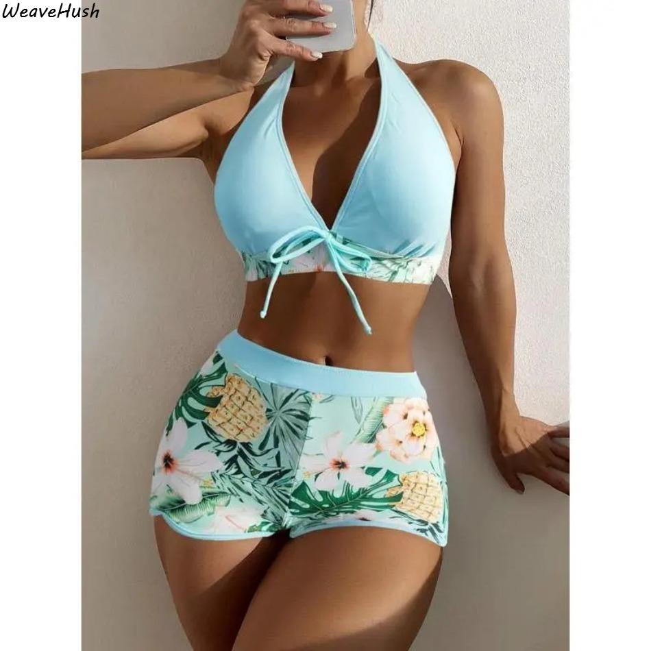 Women’s Tropical Print Tie Front Tankini Set – Two-Piece Halter Swim Top & Shorts for Summer Beach & Vacation Drawstring Bathing Suits