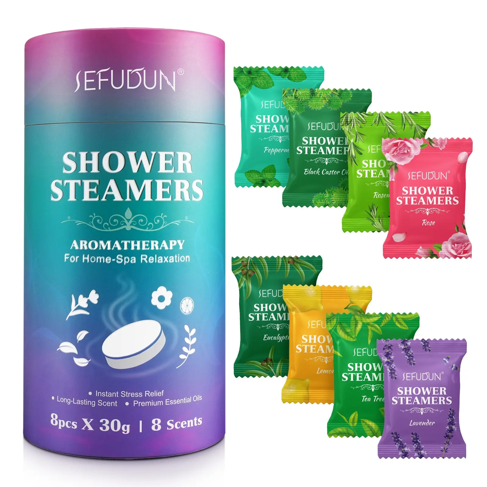 Sefudun Bath Essential Oil Effervescent Tablets, 8 Pcs Box, 8 Scents, Natural Ingredients, Long-Lasting Aroma, Relax Stress, Home Aromatherapy