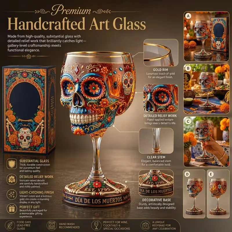 Day of the Dead Collector Wine Glass - Limited Edition Art Glass, Premium Drinking Glasses, Colorful Sugar Skull Wine Glass, Skull-Shaped Celebration Style Goblet, Colorful Floral Skull Novelty Drinkware, Home Decoration
