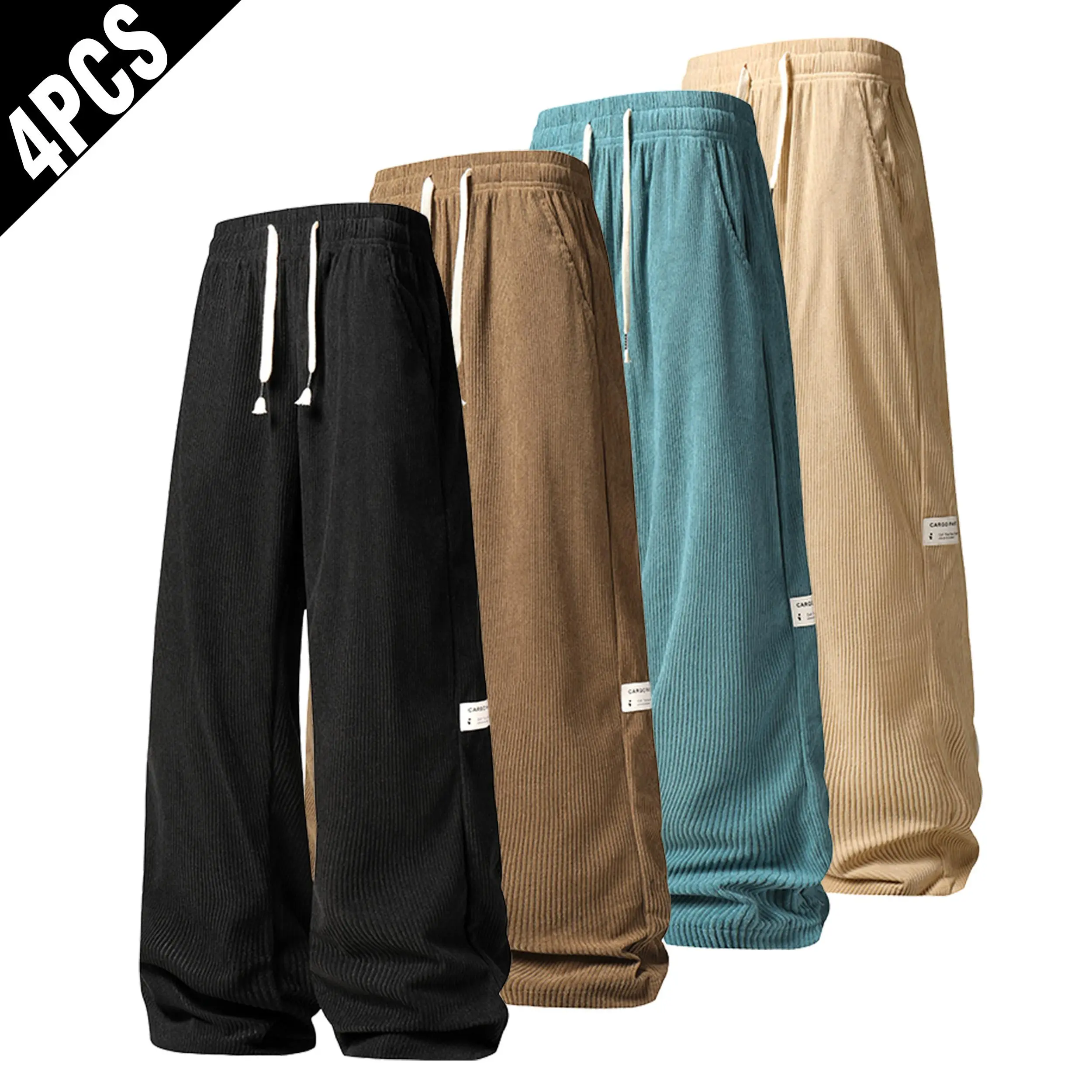 Men's Plain 4-Pack Corduroy Wide-Leg Pants - Menswear Loose Baggy Drawstring Elastic Waist Trousers, Casual Streetwear with Pocket Labels