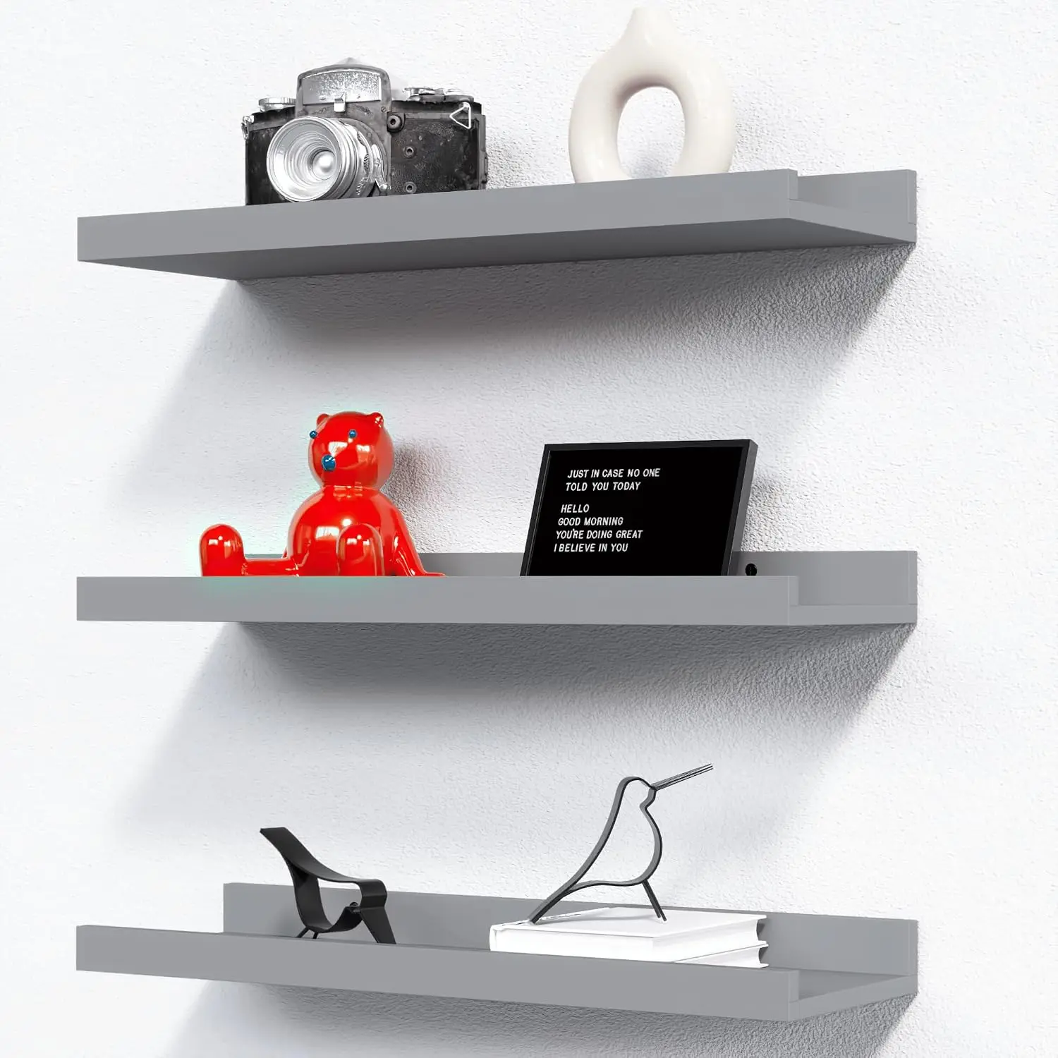 3-Set Floating Shelves with Lip, Grey Small Wall Shelf, 16In | Display Picture Ledge Shelf, Anti-drop lip Shelf for Room Wall Decor, Bedroom Bathroom Storage  Books, Easy Setup,