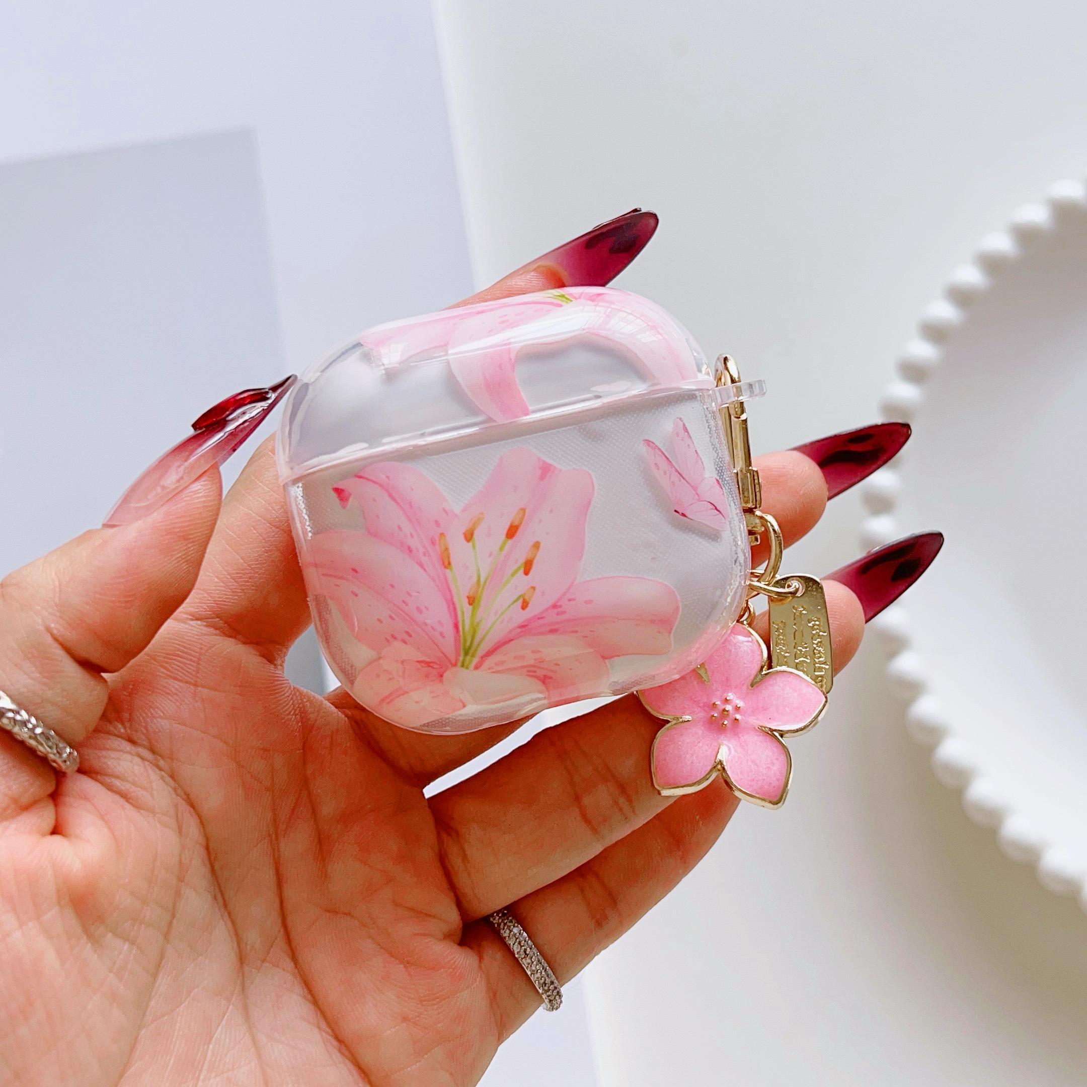 Pink Lily Flower Earphone Case With White Floral Design, Soft Protective Cover Compatible With AirPods Series Models, Anti-Drop Flexible Shell For Daily Carrying And Charging Protection