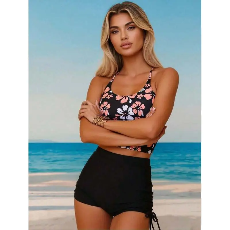 2026 New Hibiscus Print Two-Piece Swimwear, Halter Cami Top & Drawstring High Waist Shorts, Tummy Control Slimming Vacation Set