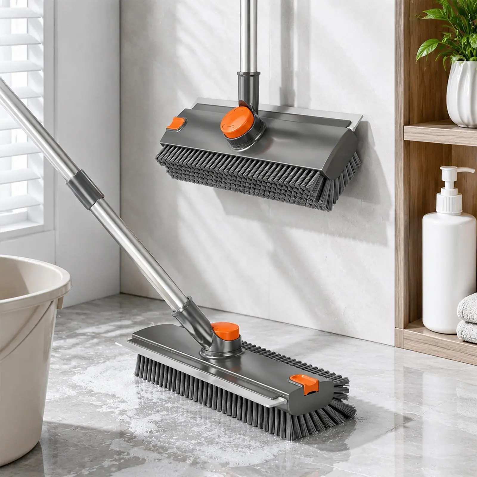 3-in-1 Household Tile Cleaner Brush with Squeegee, Adjustable Stainless Steel Long Pole, 360° Rotatable Flexible Head, Heavy-Duty Tool for Bathrooms