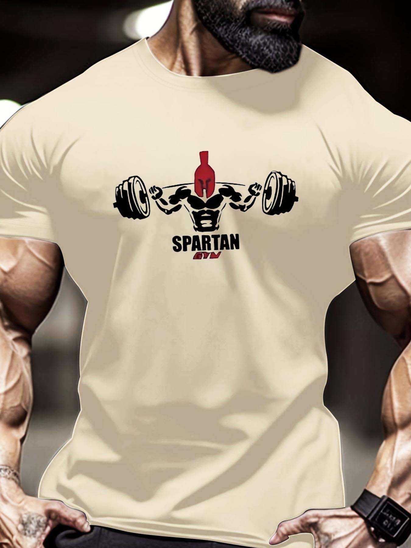 Men's Regular Fit Spartan Print Round Neck Tee, Casual Short Sleeve Crew Neck T-Shirt for Summer, Fashion Men's Top for Gym Workout Running Athletic Style Activewear Clothing