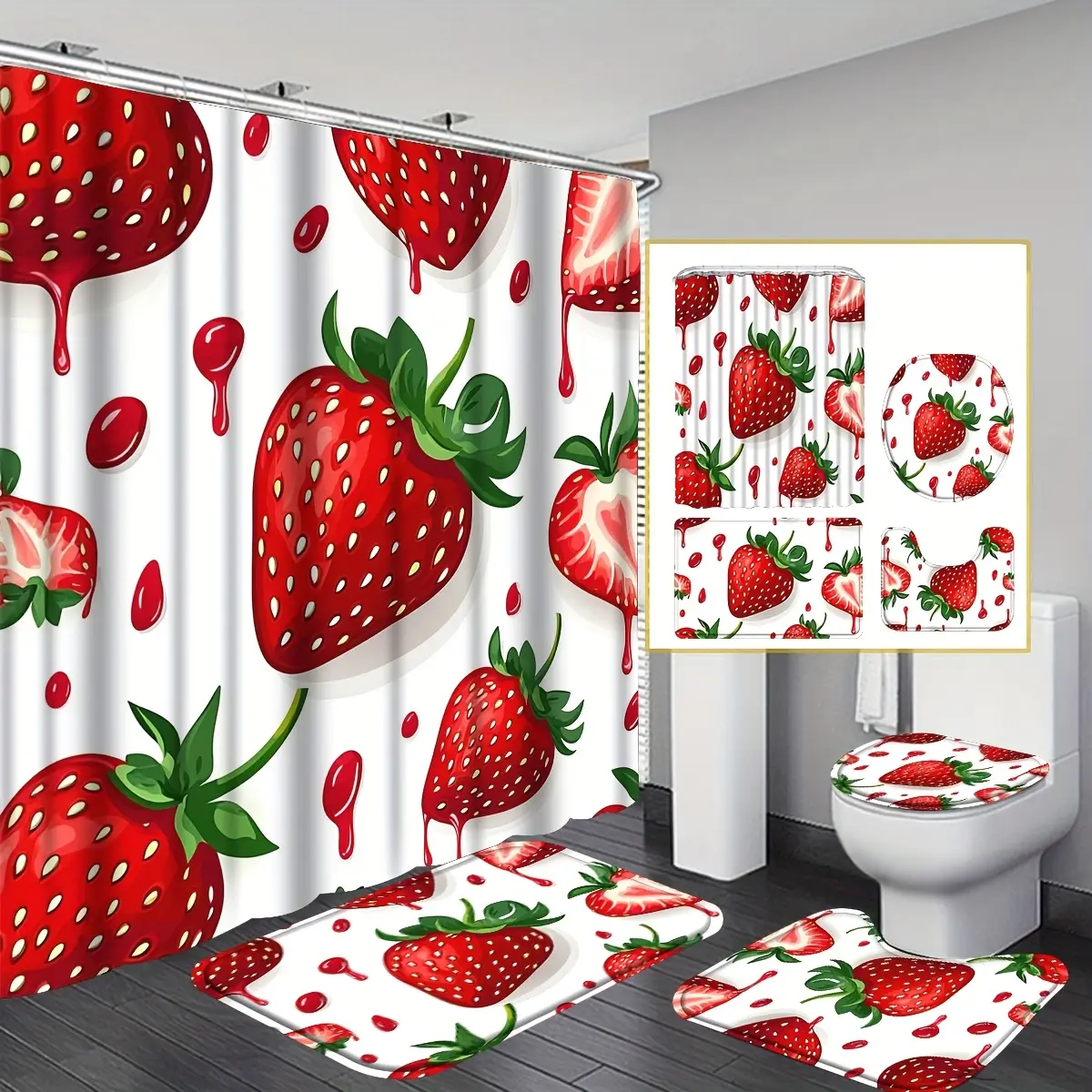 4-Piece strawberry bathroom full set, red high-quality girly summer shower curtain with 12 hooks, machine washable non-slip floor mat, U-shaped toilet seat, toilet cover cover, all-season modern bathroom decoration and accessories, Shower Curtain Cute