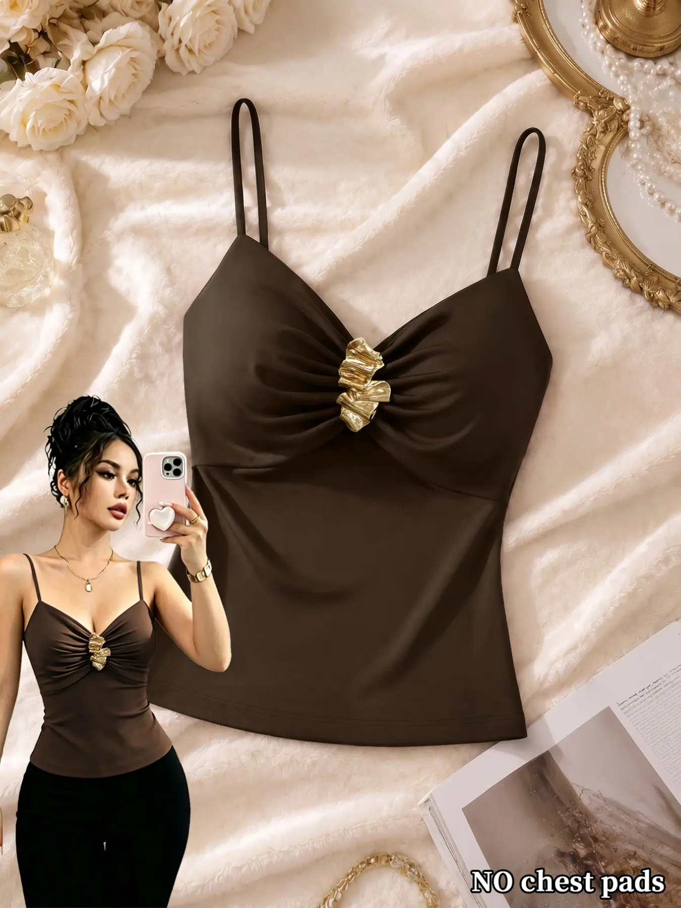 All Season Spaghetti Strap Cami Top, V Neck Twisted Front Tank With Metallic Floral Ornament, Slim Fit Garment For City Shopping Daily Casual Outfits For Young Adult Women