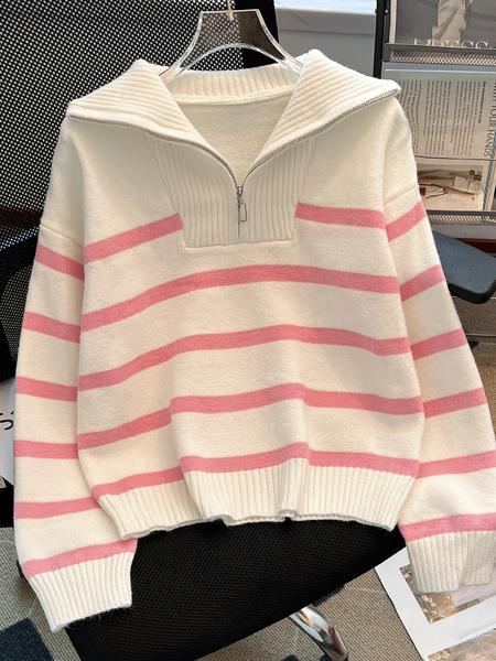 Women's Striped-Print Drop-Shoulder Sweater with Half-Zipper, Casual Long-Sleeve Collared Jumper for Daily Outdoor Wear, Knitwear for Fall & Winter, National Day Outfit