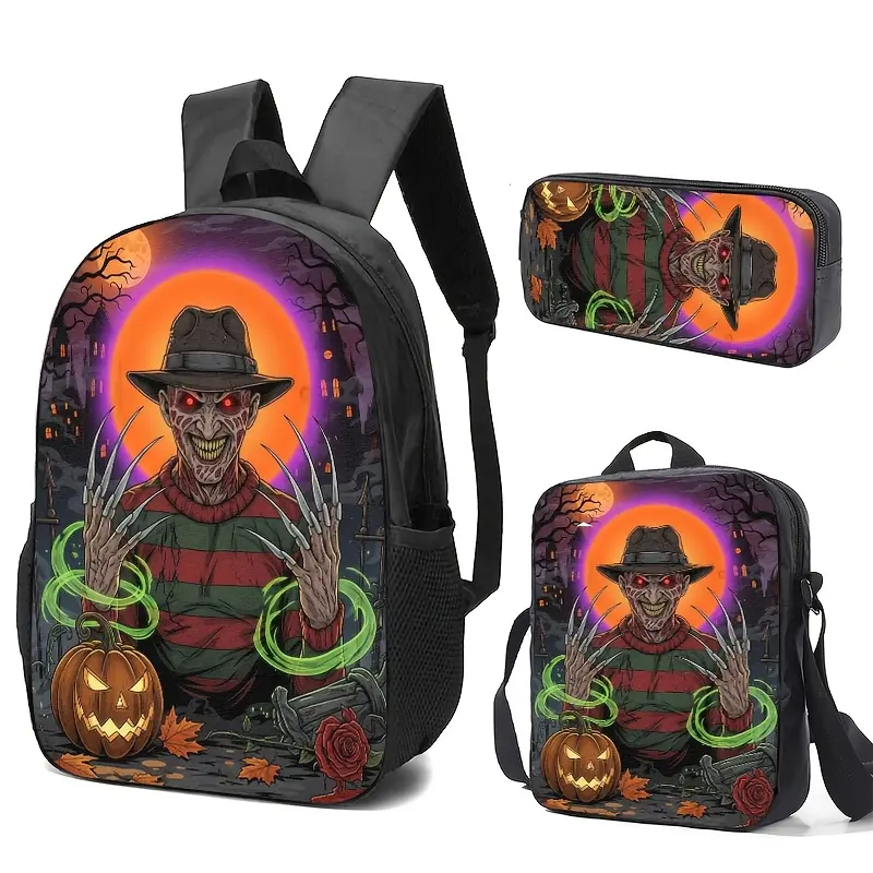 Halloween-Themed Freddy Krueger Print 3-Piece Bag Set - Oxford Cloth Adjustable Strap Backpack, Pencil Case, High-Capacity Lunch Bag with HD Fade-Resistant Graphics for Adult Daily Use, Casual Wear