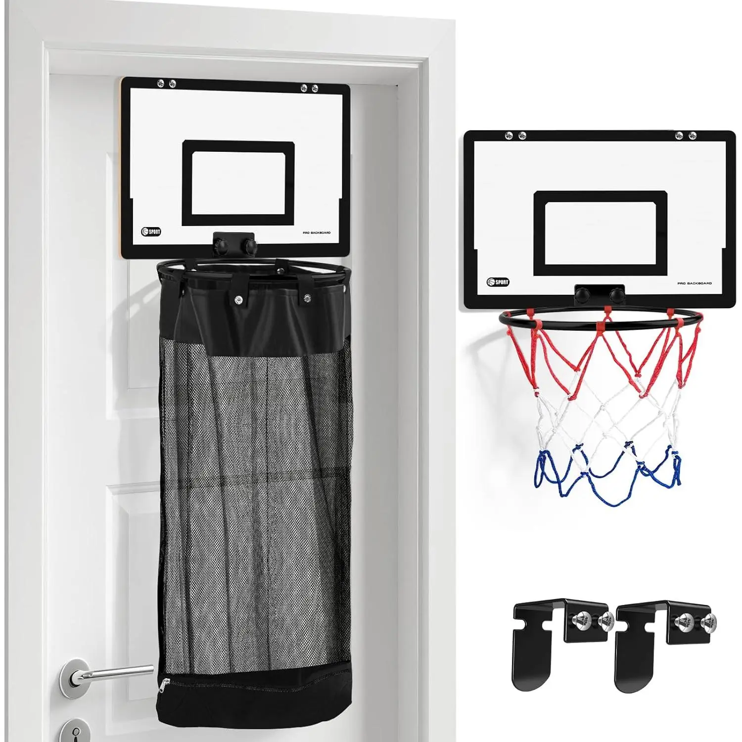 Hanging Over-the-Door Basketball Laundry Hamper - 2-in-1 Wooden Sports Clothes Sorter with Basketball Hoop, Zippered Nylon Mesh, Fits Doors <1.73", Space-Saving Dirty Clothes Storage for Kids' Room, Shock Pads