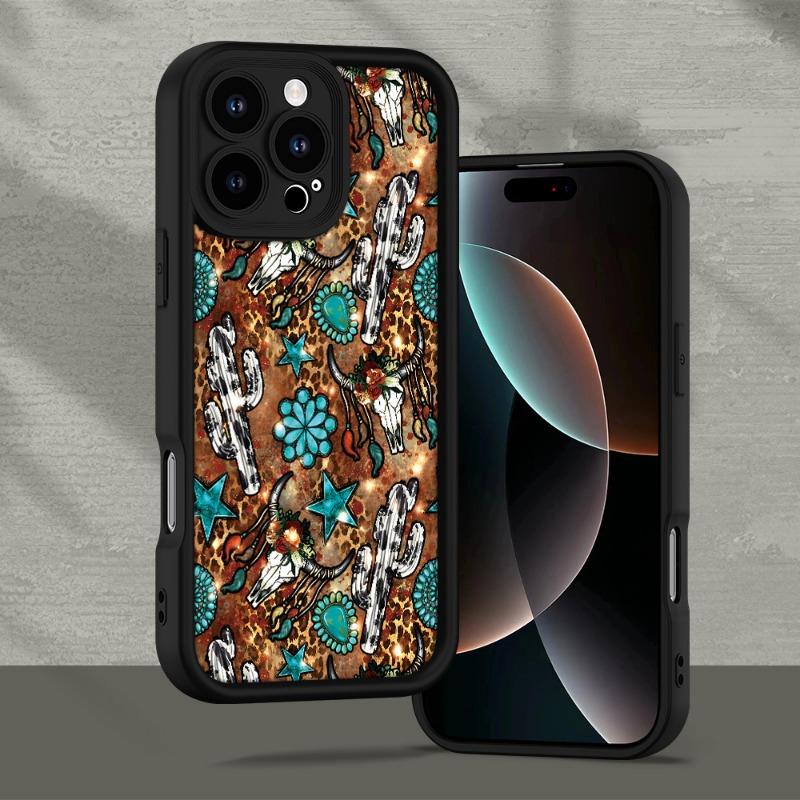 Western Cow Bone And Cactus Pattern Case for iPhone 16 15 14 Pro Max 13 12 11 XR XS E Plus Shockproof Non Slip Military-Grade Protection Silicone Cover