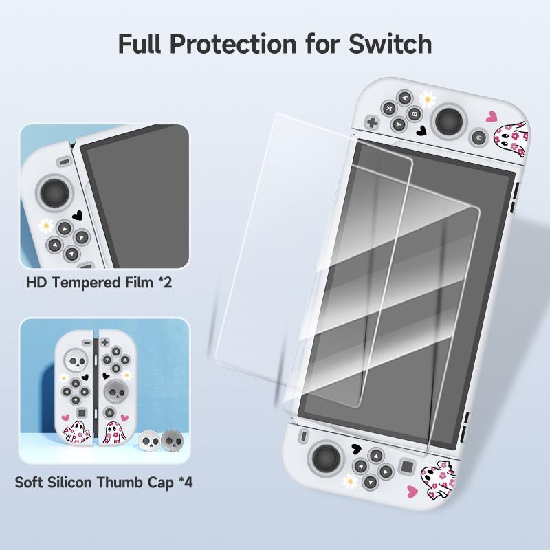 Cute Ghost Pattern Game Console Protective Case with Tempered Film & V-shaped Grip & Rocker Cap, Game Console Accessories for Switch OLED/NS/Lite