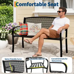 Heavy Duty Outdoor Metal Garden Bench – 50" Weather-Resistant Steel Patio Seating with Curved Decorative Backrest, Geometric Design – For Porch, Deck, Backyard – Black
