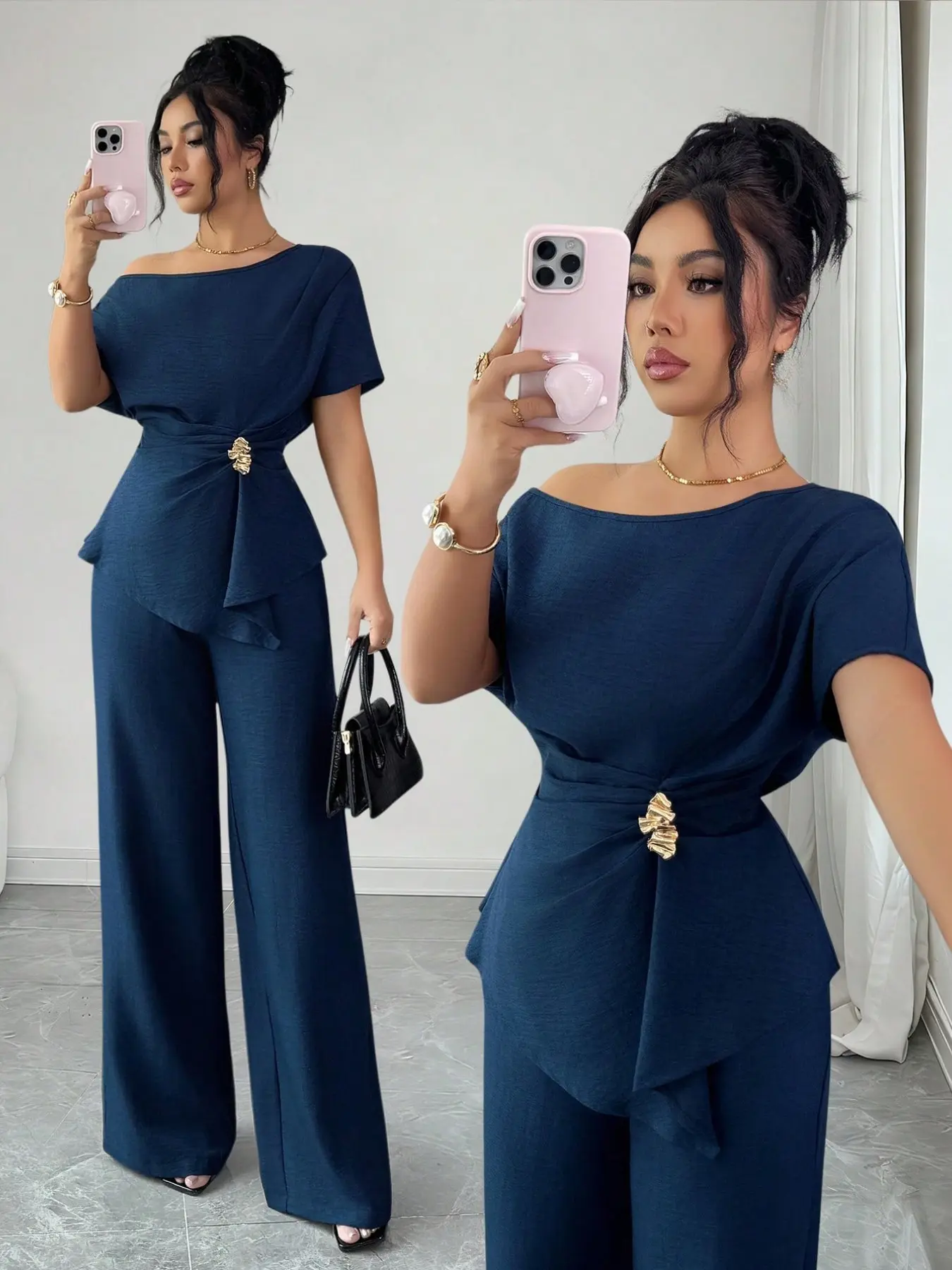 Women's Elegant Chic Urban Fashion Set, Spring & Fall Asymmetrical One-Shoulder Metal Buckle Waist Wide Leg Pants, Slim-Fitting Plain Suit