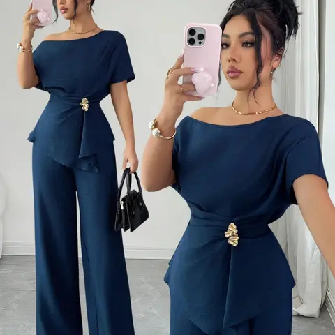 Women's 2-Piece Set, Asymmetrical Shoulder Top with Metal Buckle Waist and Wide Leg Pants, Spring & Fall Business Casual Chic Outfit