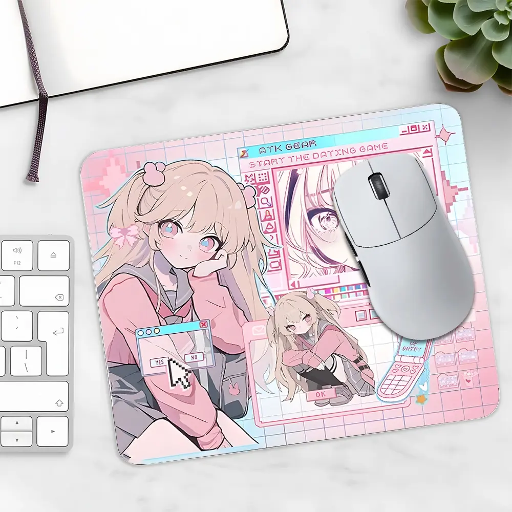 Pastel Anime Girl Pattern Square Mouse Pad,Kawaii Aesthetics Desk Mat, Desktop Decorative Protective Pad, Rubber Anti-slip Lockedge Work Pad, Small Size Suitable for Laptop, Desktop Computer Games, Work, Family