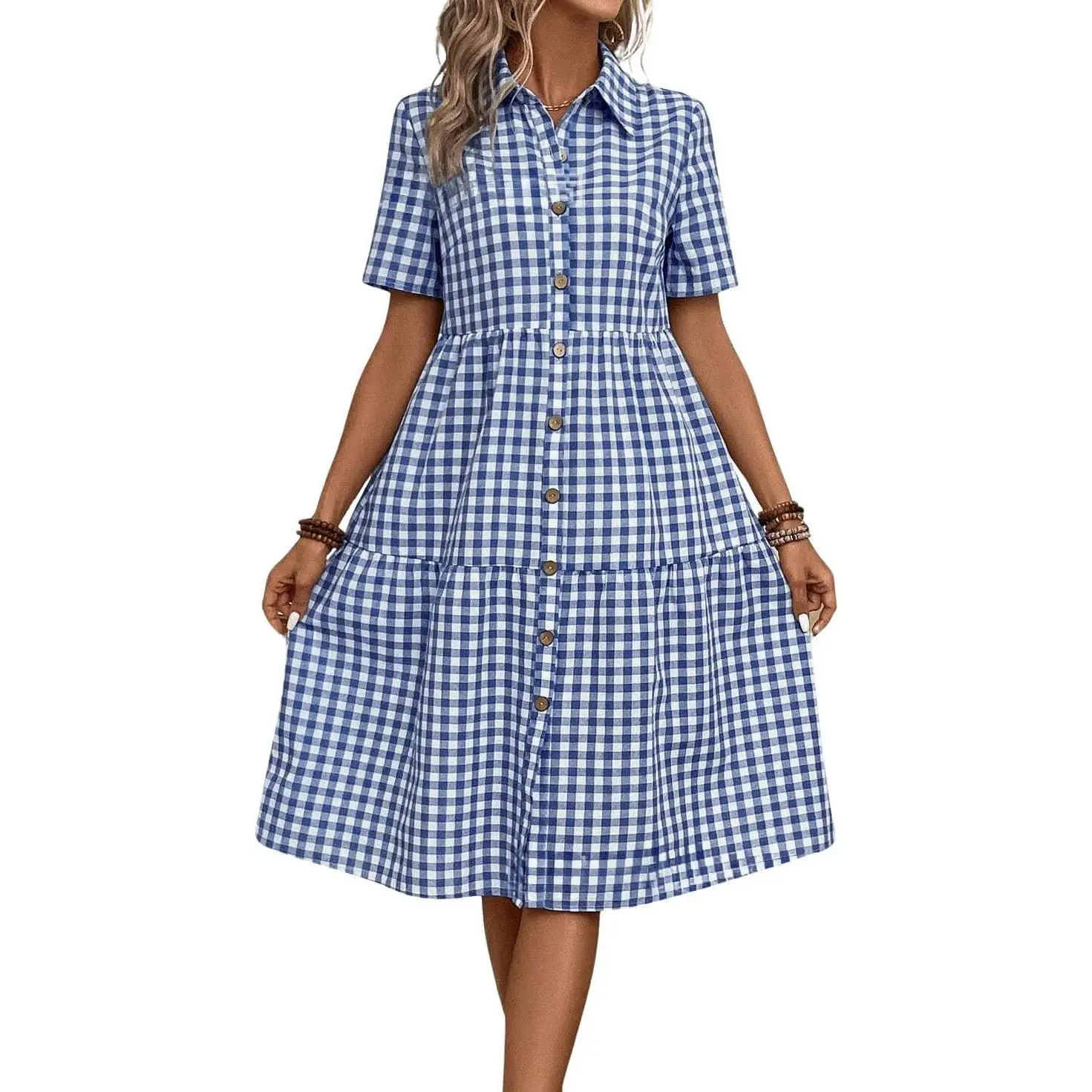 Women's Retro Gingham Short-Sleeve Button-Down Collared Midi Tunic Shirt Dress, Casual Wear