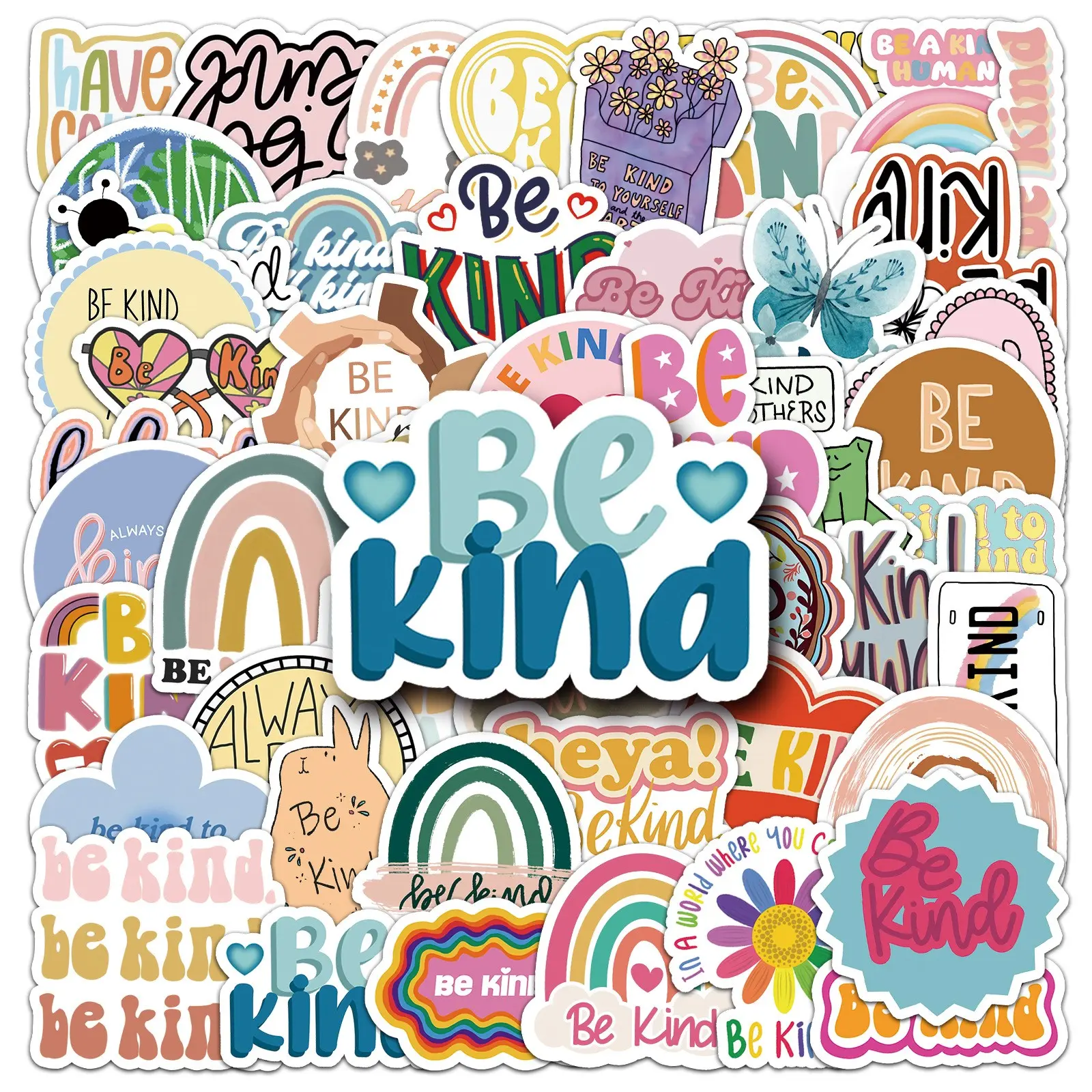Be Kind Stickers, 50 Pcs Eco-Friendly Waterproof Vinyl Stickers, Reusable Sunscreen Peel-Off Stickers for Water Bottles, Laptops, Bags, Cups, Phones, Skateboards
