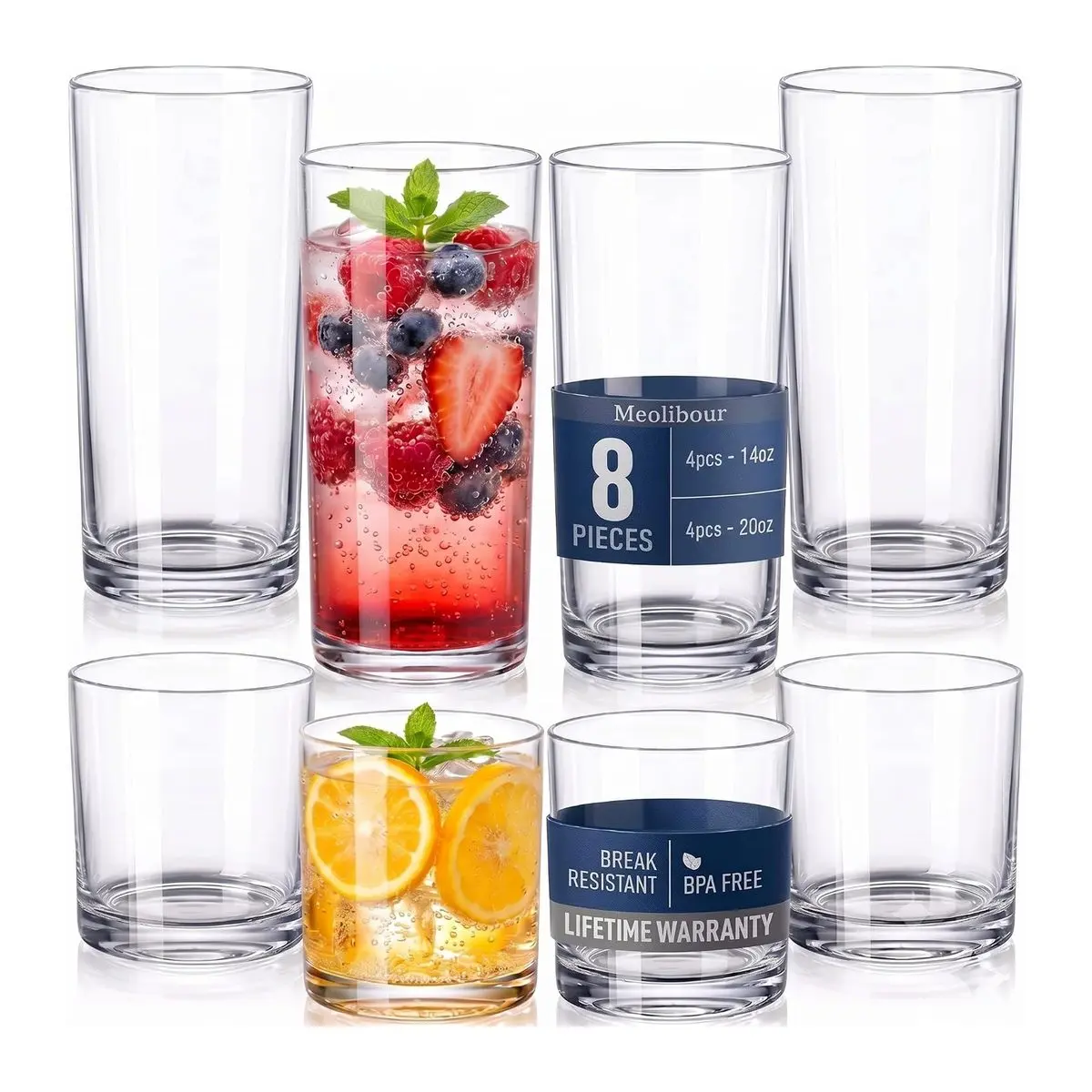 Set of 8 Plastic Drinking Glasses, 14 Oz Rocks and 20 Oz Water Cups, Unbreakable Clear Tumblers, Reusable Bpa-free Dishwasher Safe Drinkware for Home and Outdoors
