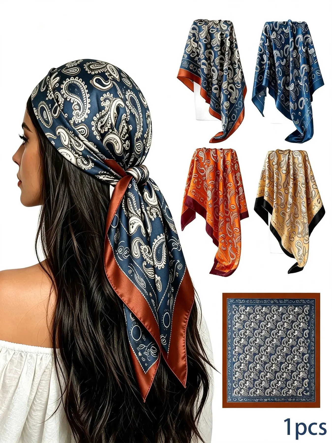 90cm Satin Paisley Bandana Scarf for Women, Vintage Printed Square Silk Headscarf, Multifunctional Hair Wrap for Daily Travel Streetwear