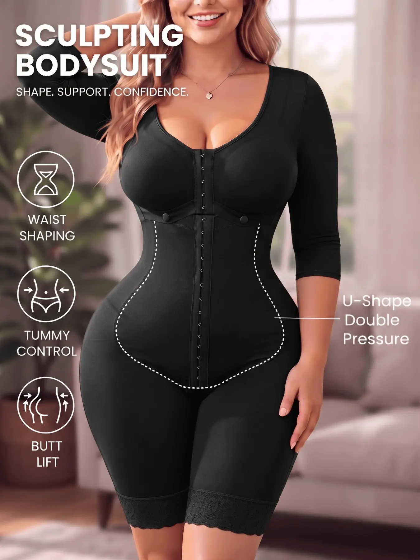 1 Count Women's Multi-Row Adjustable Hooks Shapewear Bodysuit, Colombian Shapewear, Fajas, Butt Lifting & Tummy Control Body Bodysuit, Hip Curve Enhancement & Midsection Flattening Function Shapewear, Suitable For Various Occasions, Training
