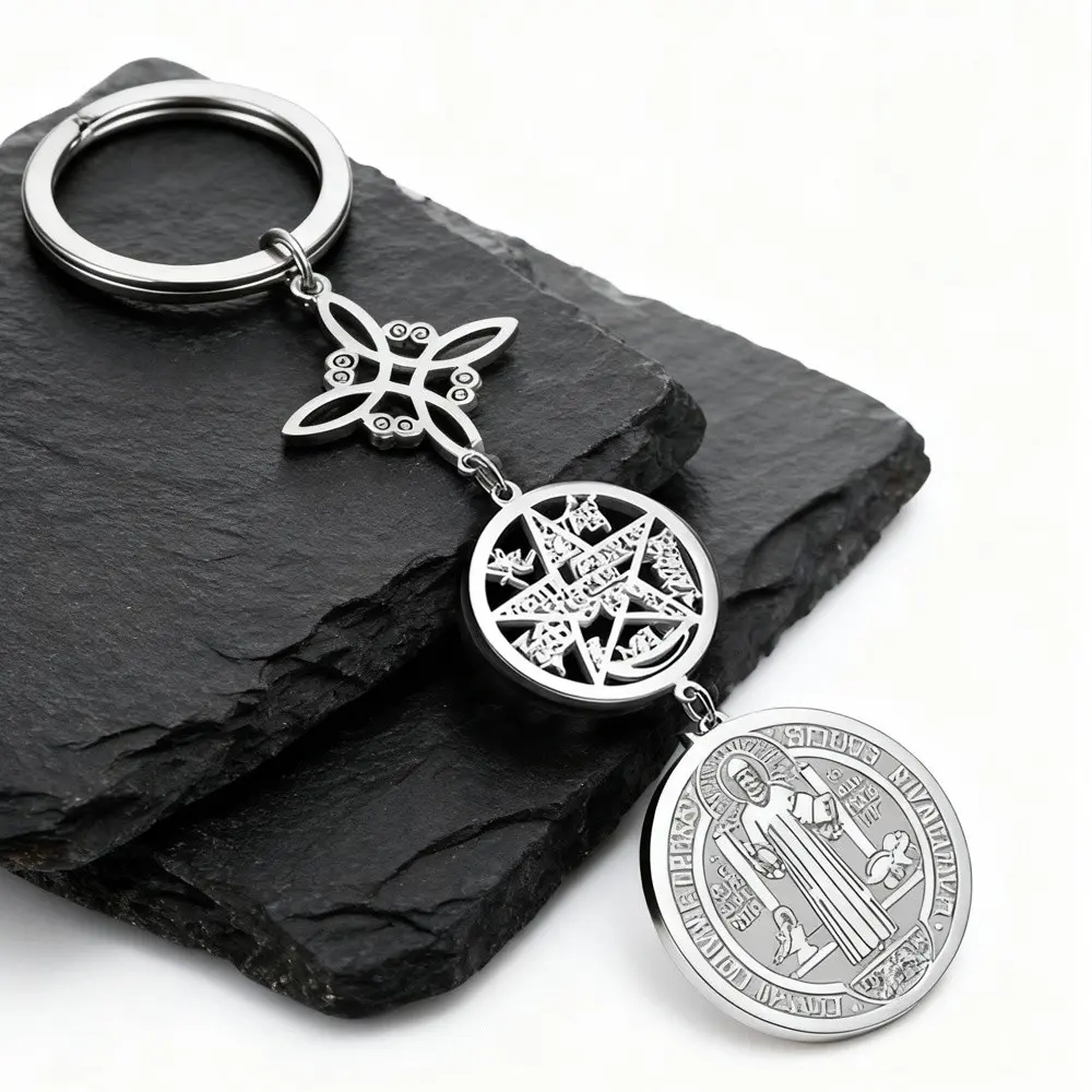 Triple Protection Pendant Keychain with Witch'S Knot And Saint Benedict Exorcism Medal | Pentacle Tetragrammaton Key Ring Amulet, Ring Buckle, Decorative Use, for Halloween, Stainless Steel Keychain