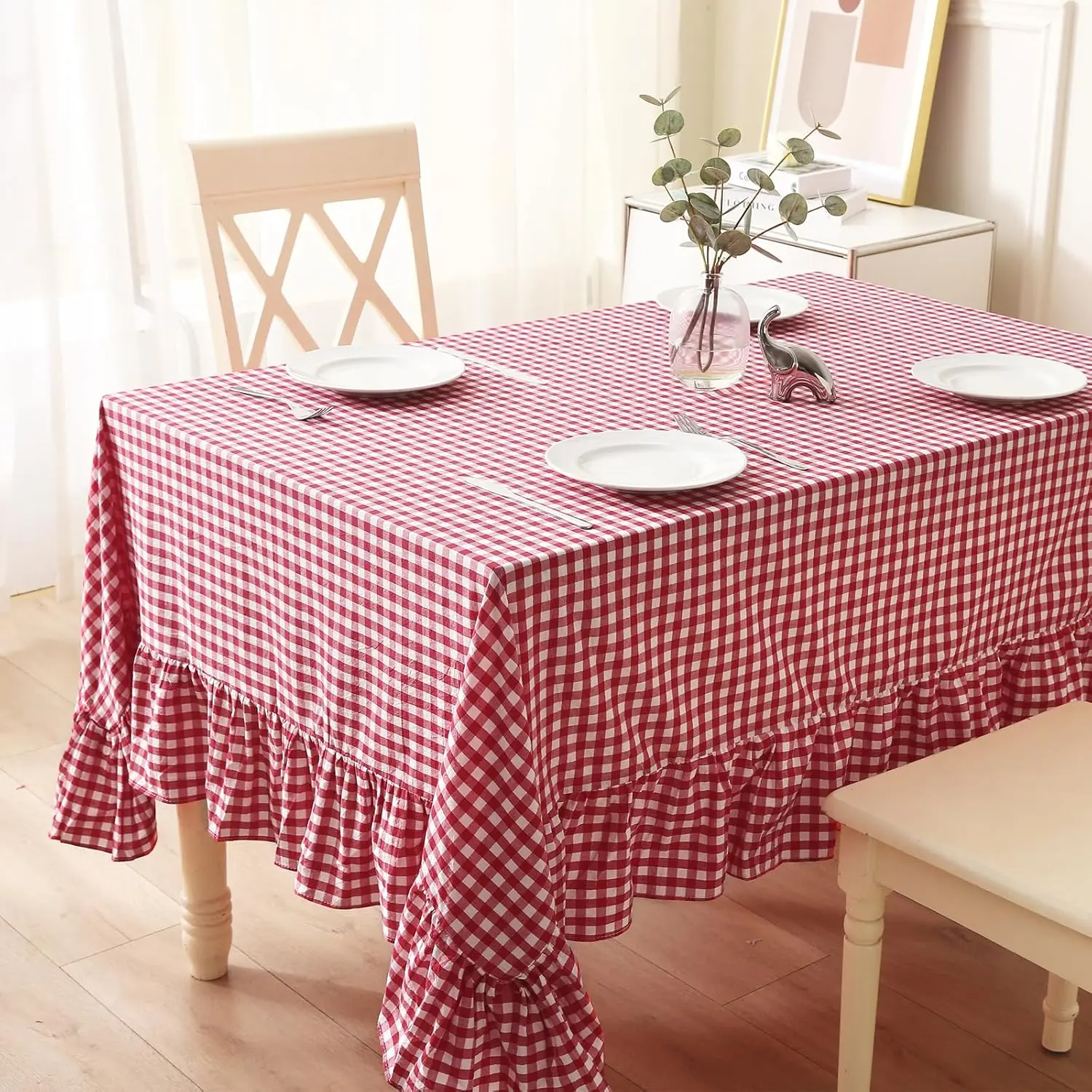 Red White Plaid Ruffled Table Cloth Rectangular for 8-10 Seats, 100% Washed Cotton Vintage Decorative Gingham Tablecloth 120"x60" for Buffet Cottage Coquette Decor