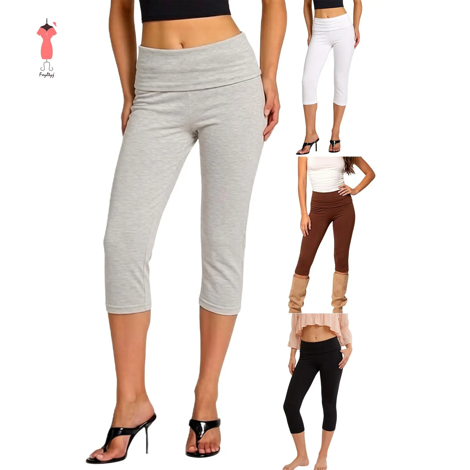 Women Capri Pants, Folded Elastic Waist 3/4 Length Pants Cropped Pants for Casual Daily