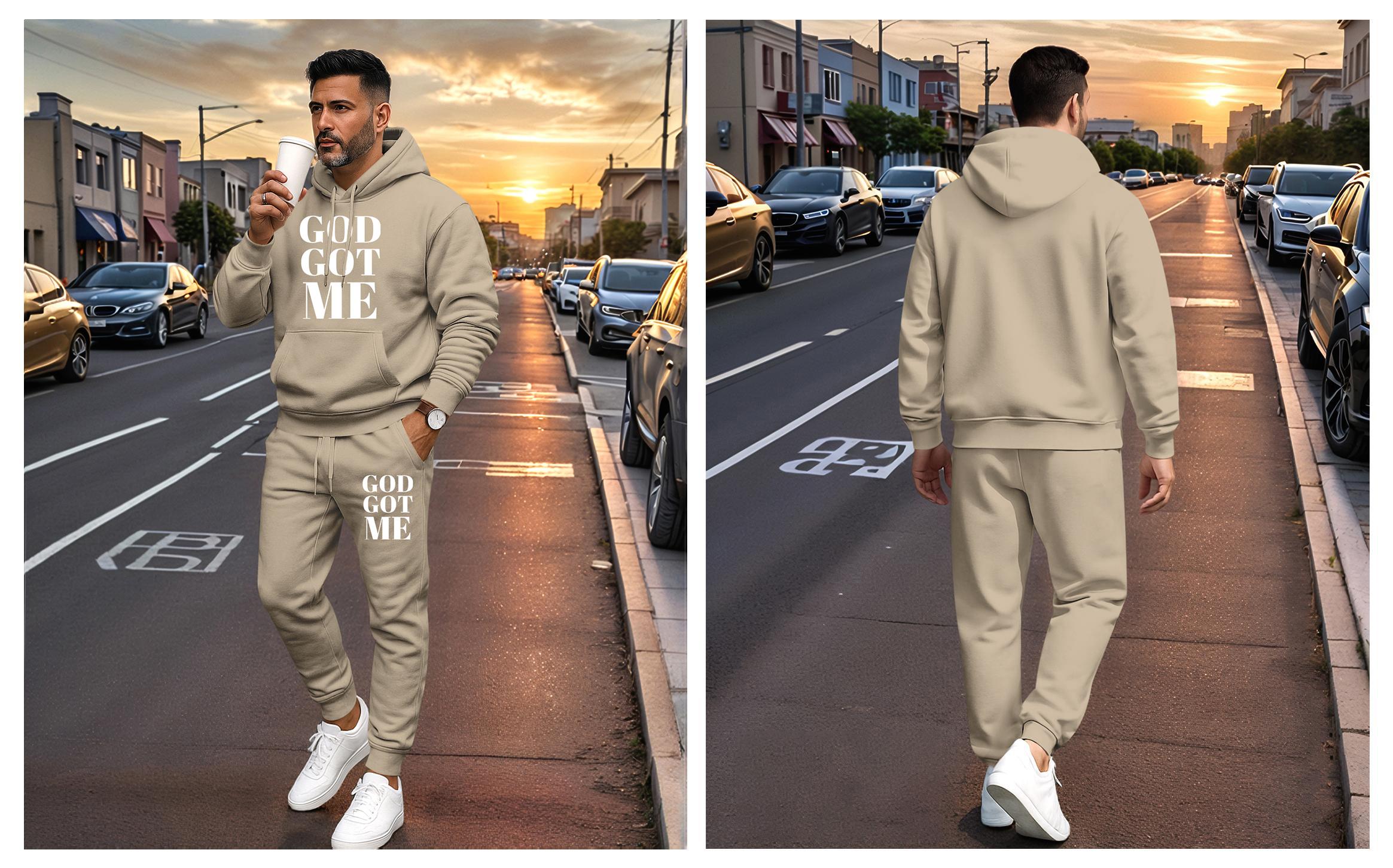 Men's God Got Me Letter Printed Hoodie and Drawstring Sweatpants Set, Menswear, Casual Athletic Long Sleeve Hooded Jacket & Trousers for Fall & Winter, Men's Clothing for Daily Wear, Sportswear Indoor Outdoor, Tracksuit, Athleisure Summer Clothes