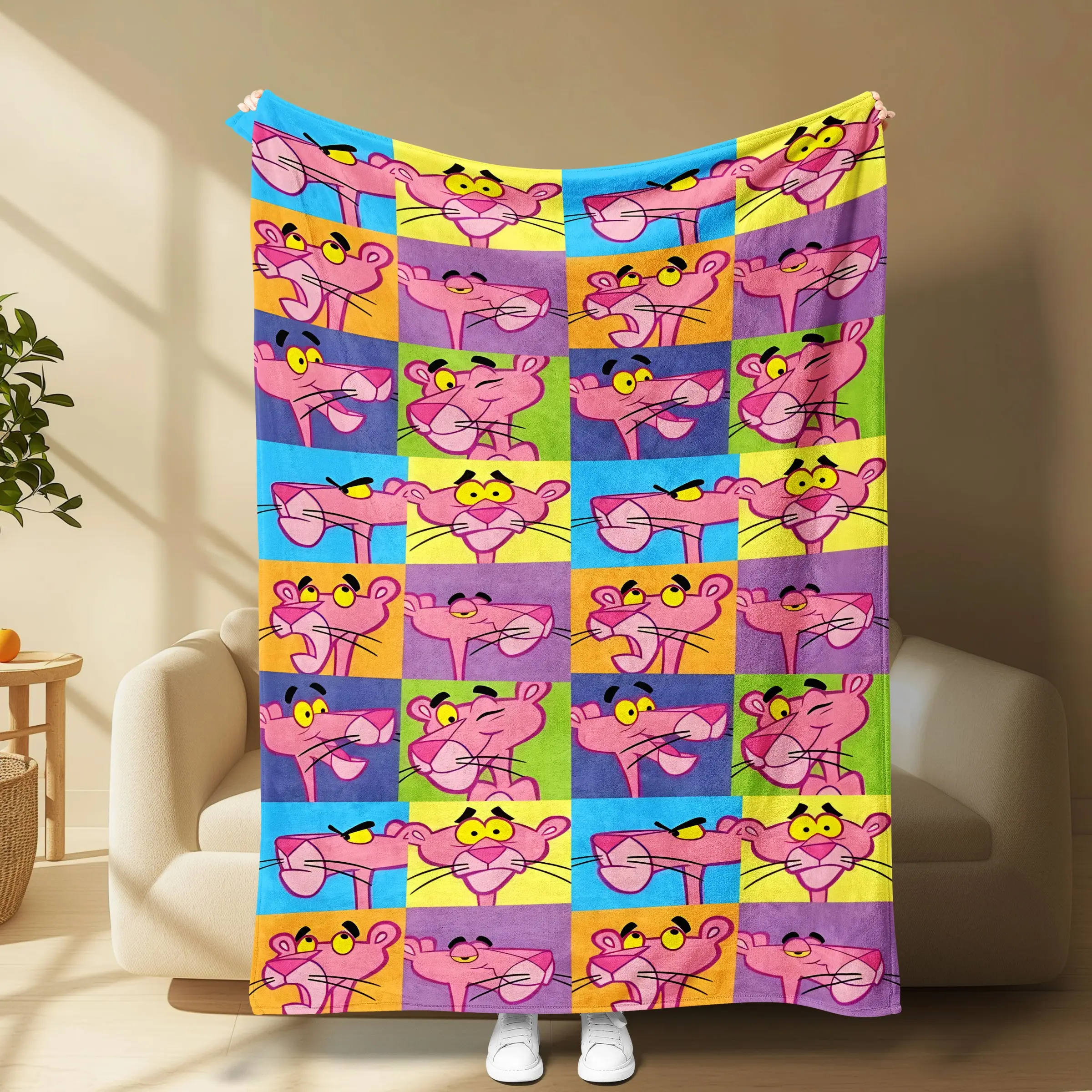 Vintage American Panther Patchwork Blanket, Multi-Color Blocks, Cartoon Flannel, Thick Soft Breathable, All Seasons Sofa Bed Blanket