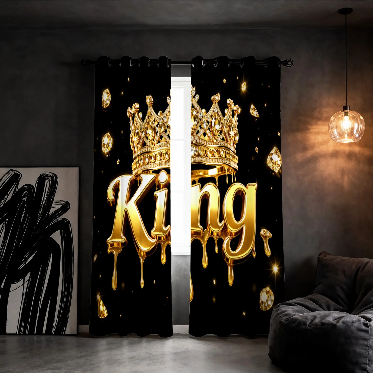 2 Panels King Crown Dripping Gold Window Curtains, Black Gold Rhinestone Single-Sided Digital Print Curtains, 80% Light Blocking Blackout Drapes, Home Decoration Curtain, Soft Furnishings for Men Bedrooms, Gaming Rooms, Man Caves