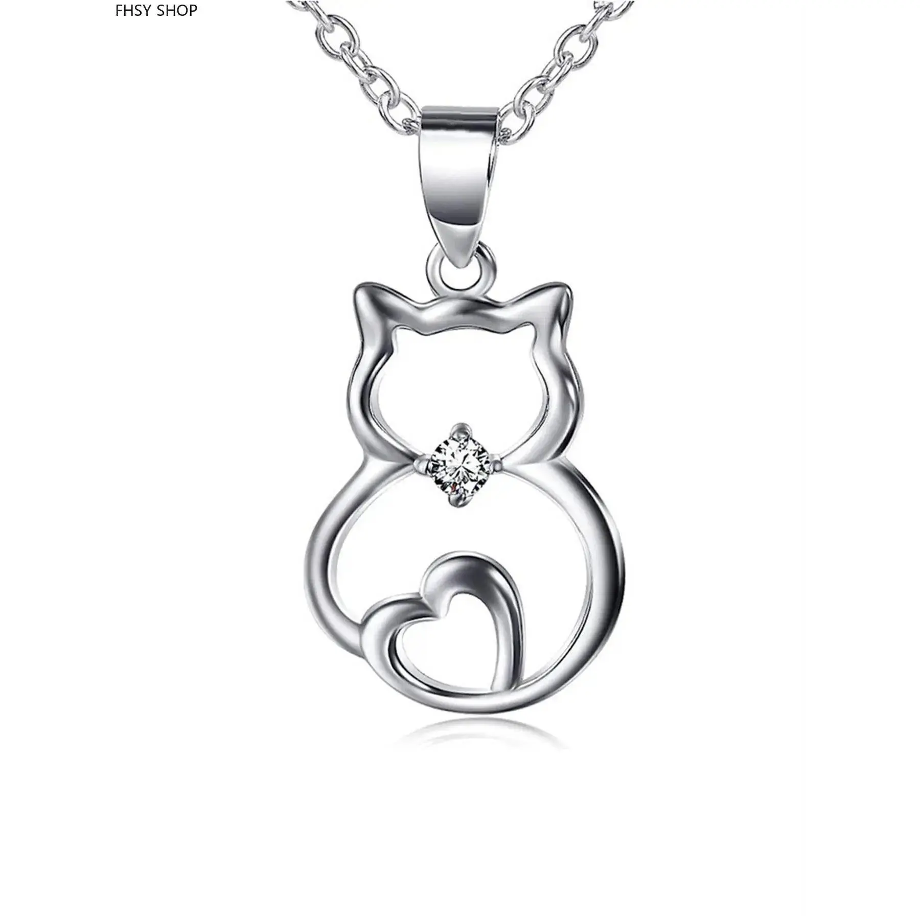 Stylish Zircon Cat in Heart Charm Necklace, Lightweight Trendy Kitten Necklace for Women, Perfect for Casual & Party Wear, Heart Charm Necklaces, Kitten Necklaces