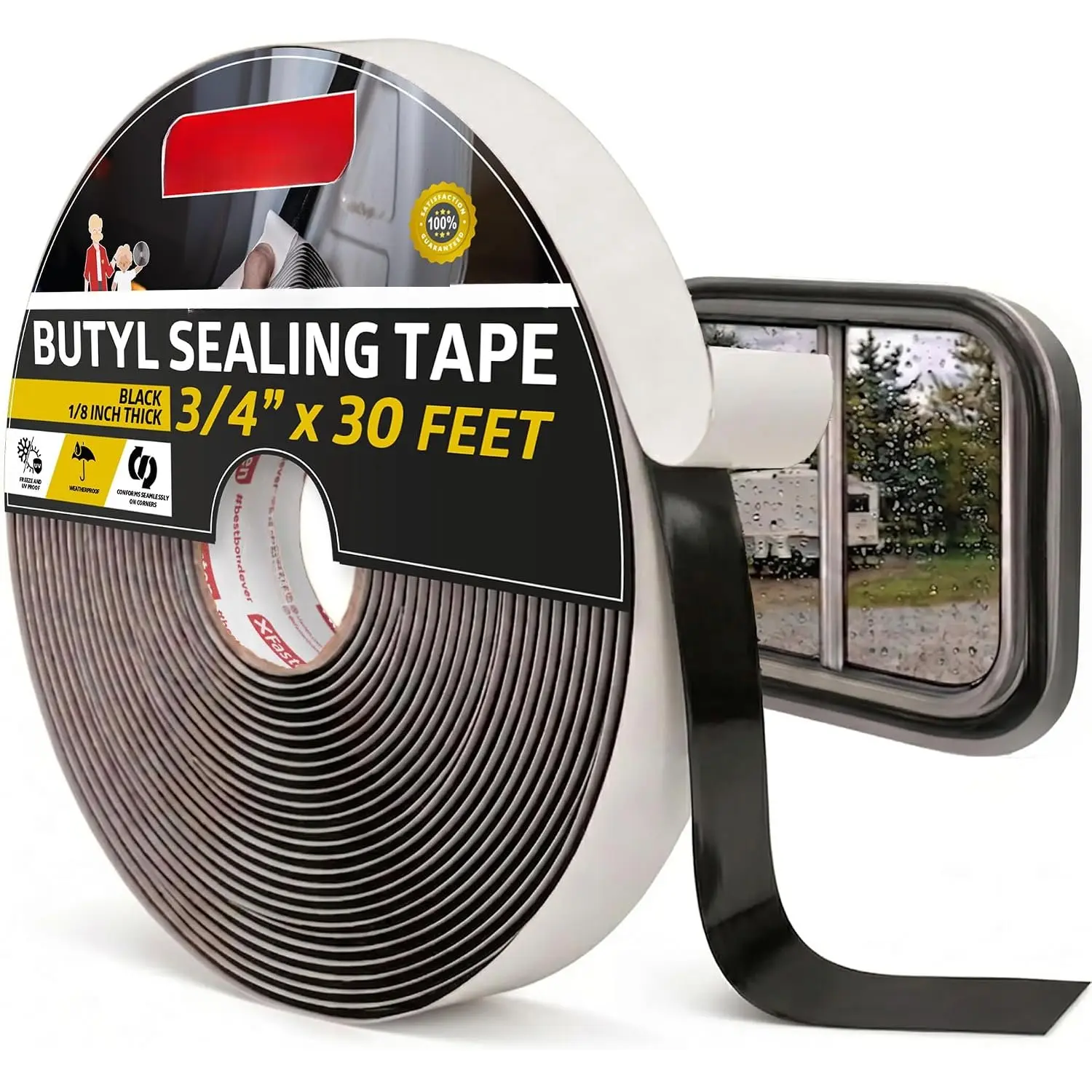 Butyl Sealing Tape, Black, 1/8-In x 3/4-In x 30-Foot Plumbers Putty, RV Sealant, Boat Sealing, EDPM Butyl Tape