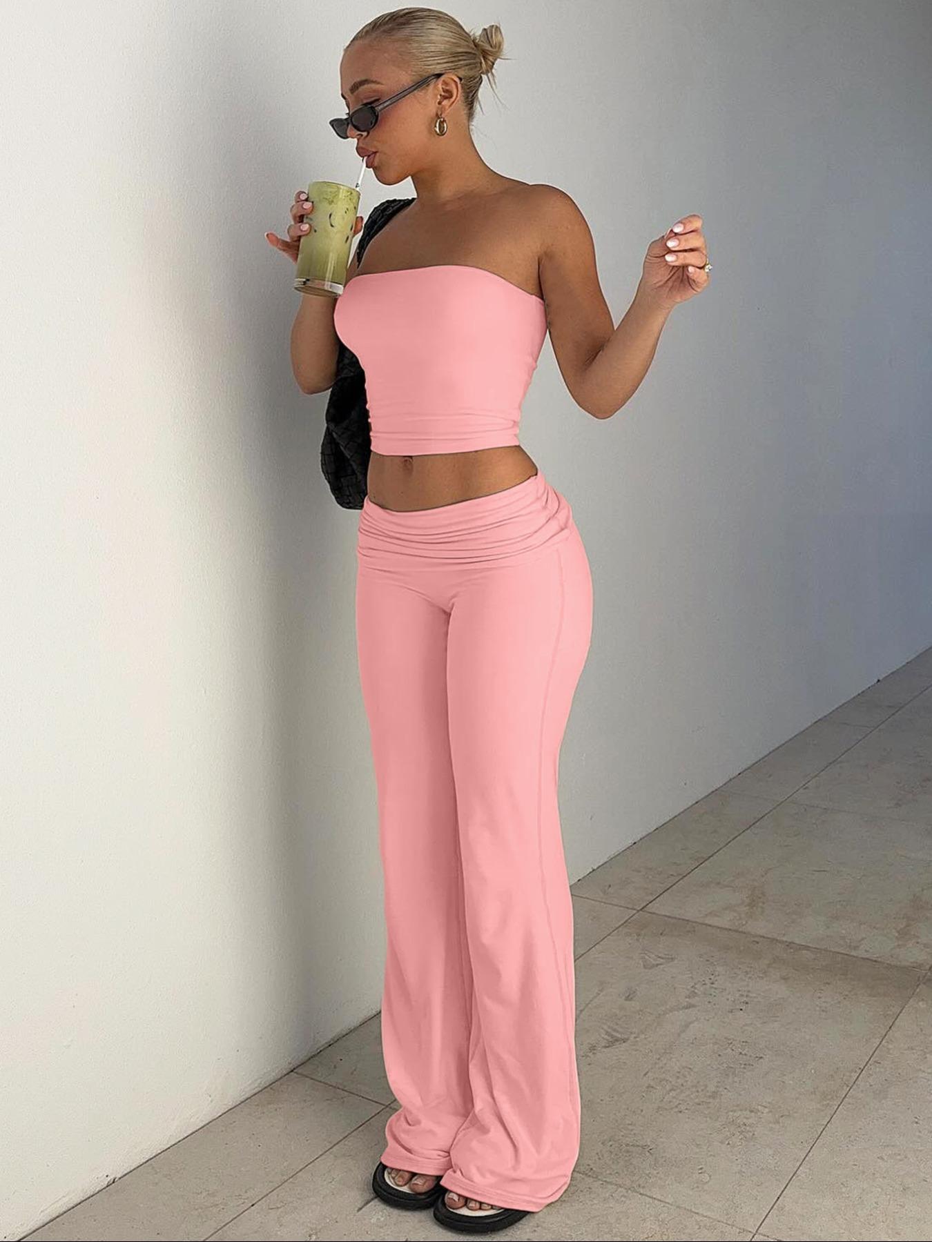 Ocean Style 2026    Two-Piece Set Women's Solid Crop Tube Top & Foldover Waist Flare Leg Pants, Casual Fashion Cozy Outfits for Daily Outdoor Wear, Ladies Clothes for Summer