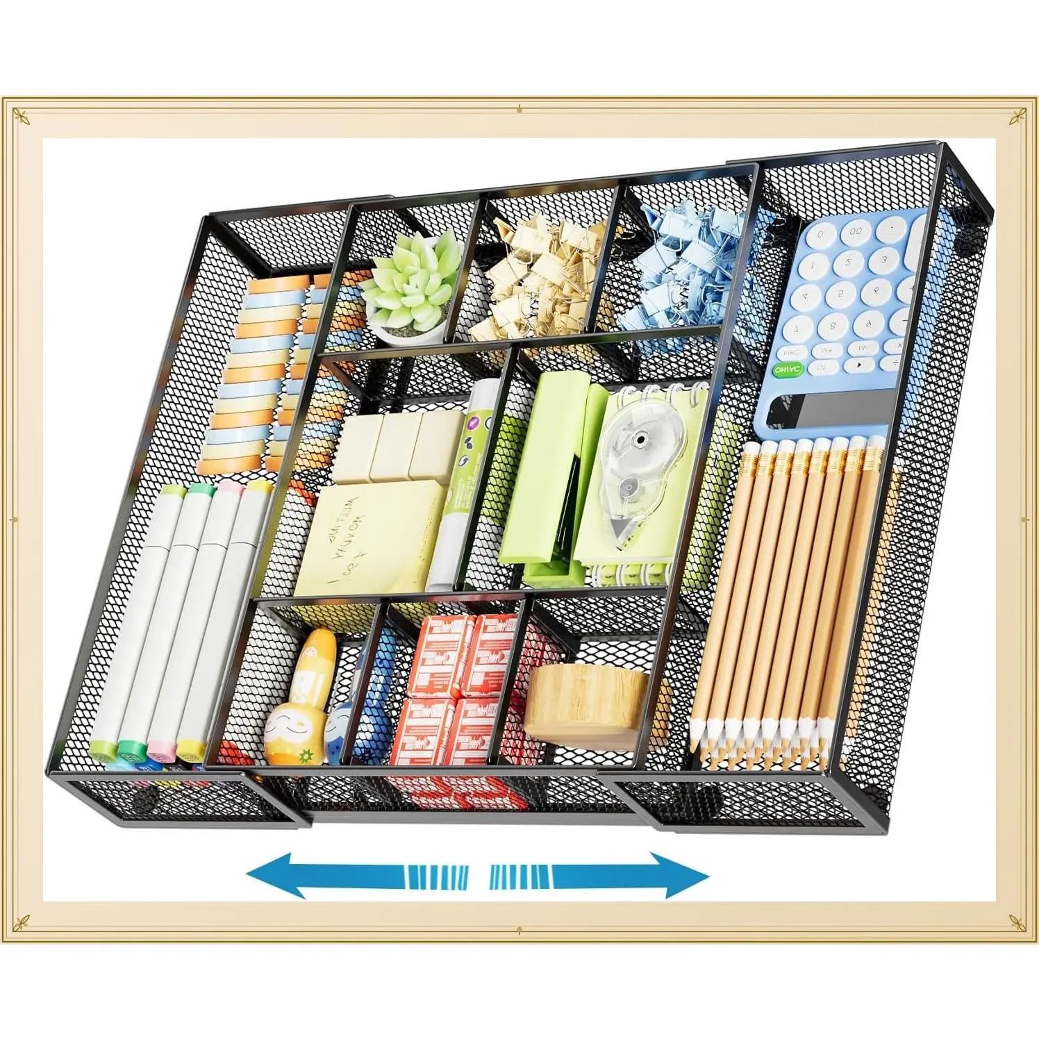 Expandable Mesh Desk Drawer Organizer with 10 Adjustable Compartments and 5 Dividers for Office Supplies, Makeup & Vanity, BlackGift