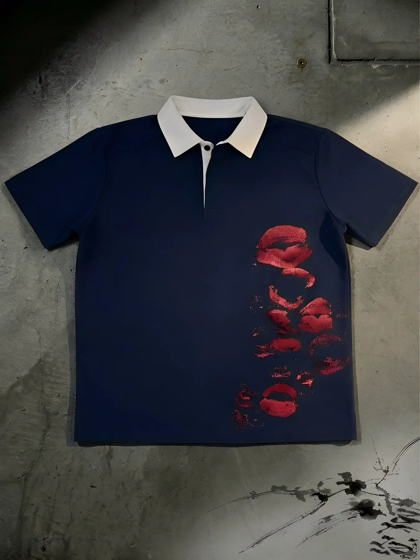 Men's Trendy Polo Shirt, Casual Tops, Retro Vintage Button Lapel Tee with Red Lips Kiss Mark Graphic Print, Street Style Men's Contrast Collar Shirt, Fashionable Streetwear, Romantic Y2K Aesthetic, Urban Casual Wear Top Suitable for Back to School