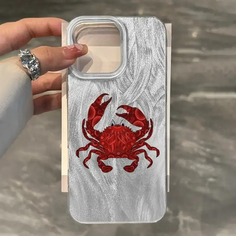 Silver Foil Feather Texture Red Crab Print Clear Phone Case, Dual Layer TPU Frame & Hard PC Back Sheet, Integrated Transparent Buttons, 4 Corner Airbag Shockproof Protection, Fingerprint Resistant Anti-Scratch Protective Cover Compatible with iPhone X to