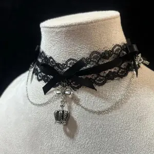 Gothic Lolita Ribbon Bow Black Lace Choker Necklace for Women Vintage Alloy Crown Pendant Victorian Grunge Aesthetic Jewelry