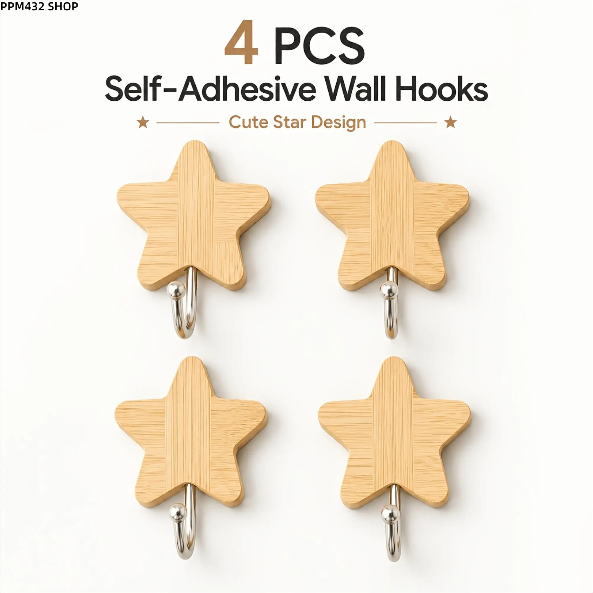 4 Pack Self Adhesive Wall Hooks, No Drill Wooden Star Hooks with Strong Adhesive, Decorative Wall Hooks for Bathroom Kitchen Bedroom Office