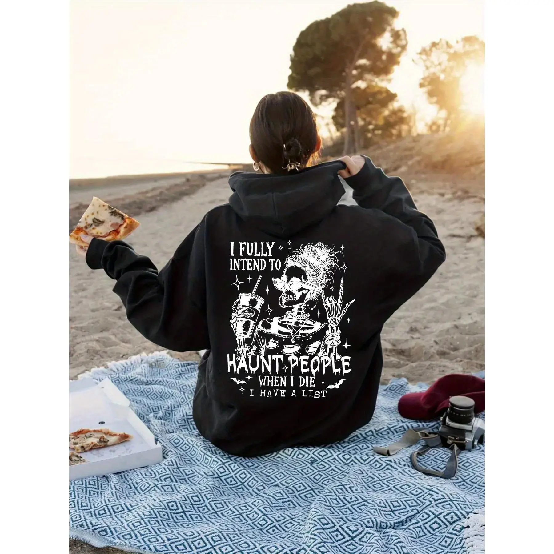 Women's Gothic Hooded Sweatshirt with Black & White Gothic Lettering & Skull Print - Winter Warm Pullover Sweater, Loose Fit Opaque Sweater Suitable for Layering, Themed Events & Daily Wear, Machine Washable Gothic Sweater