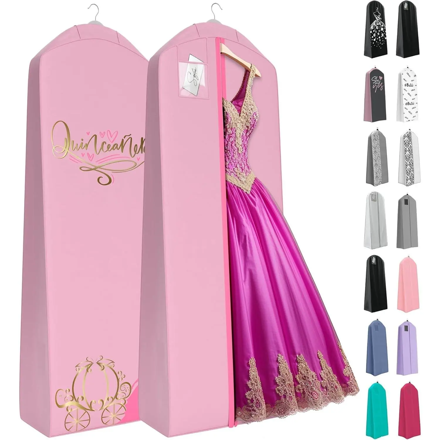 Quinceanera Dress Garment Bag - Garment Bags for Hanging Gowns or Storage Preservation - 72" Quinceanera Storage Bag for Gowns with 20" Gusset for Puffy Quinceanera Gowns - Pink/Gold