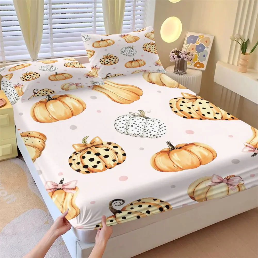 3Pcs Boho Pumpkin Bedding Set, Fall Fitted Sheet Set with Bows & Polka Dots, Cute Cottagecore Bed Sheets Set for Bedroom Decor, Soft Breathable Autumn Harvest Bed Cover, Thanksgiving Gift for Women Girls No Fillers